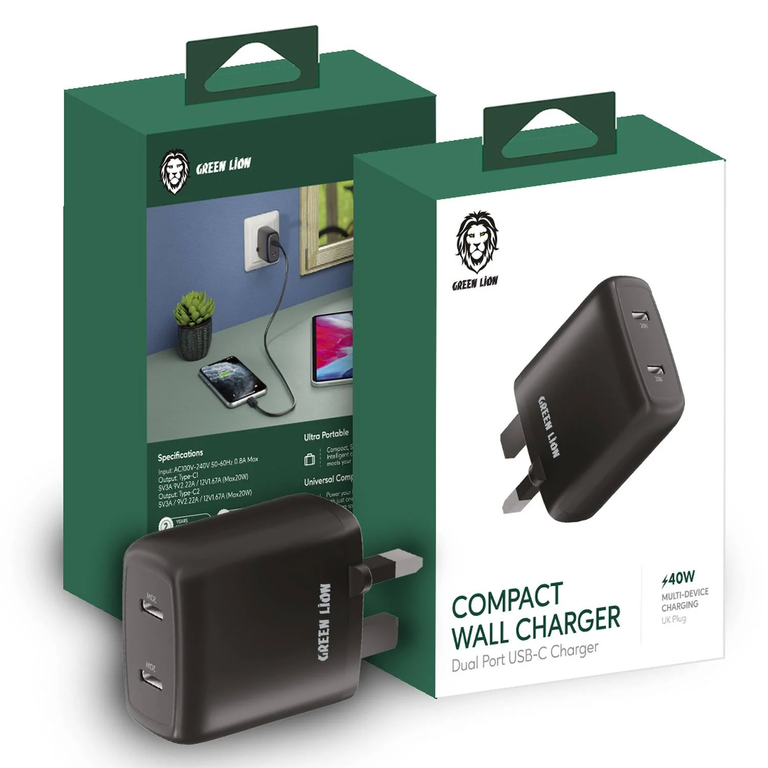 آداپتور تایپ سی ۴۰ وات دو پورت گرین Green Dual Port USB-C Wall Charger 40W