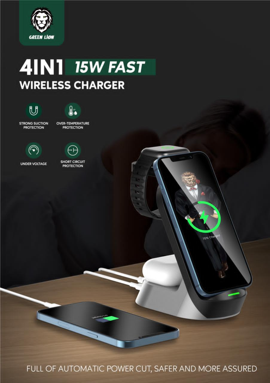شارژر وایرلس سریع گوشی و اپل واچ و ایرپاد گرین Green 4 in 1 Fast Wireless Charger 15W